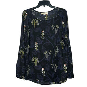 Loft Women's Black Botanical Floral Long Sleeve Popover Size Large
